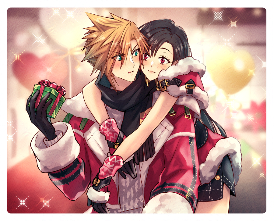 1boy, 1girl, arm_around_neck, balloon, black_gloves, black_hair, black_scarf, blonde_hair