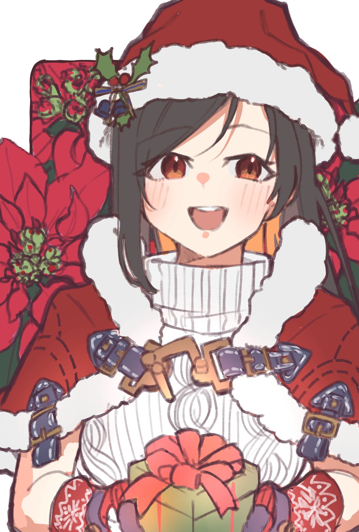 1girl, black_hair, blush, box, capelet, christmas, commentary_request, final_fantasy
