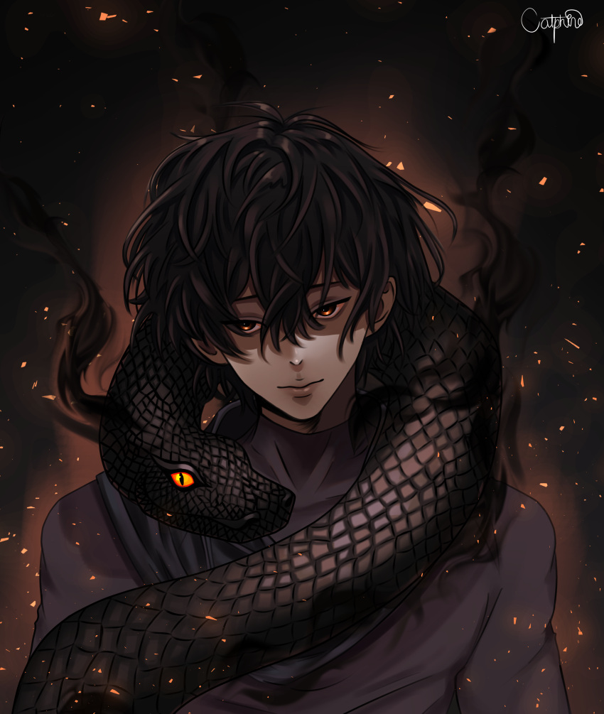 1boy, absurdres, aegyo_sal, black_eyes, black_hair, black_shirt, catphine, embers
