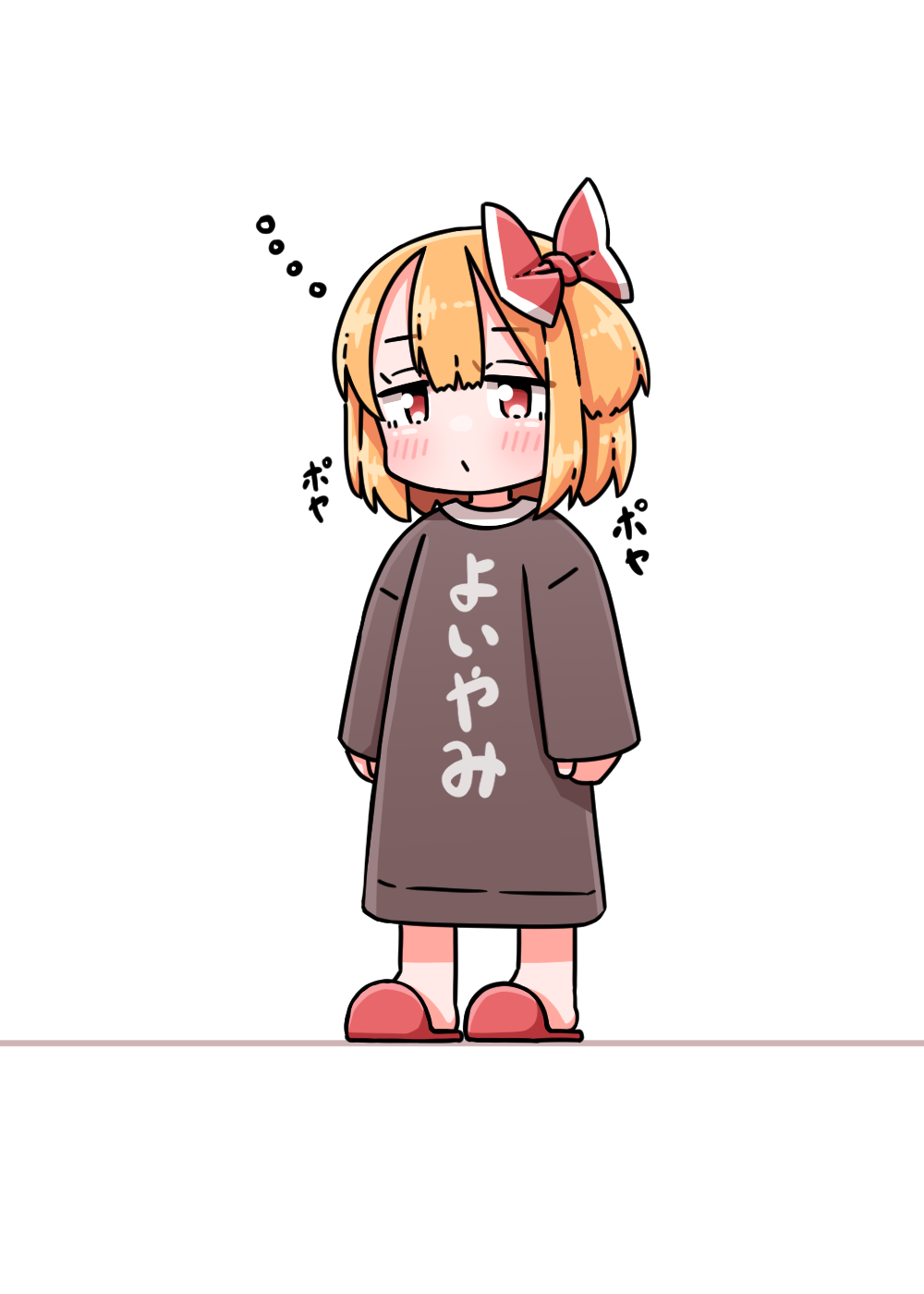 1girl, alternate_costume, black_shirt, blonde_hair, blush, bow, closed_mouth, clothes_writing