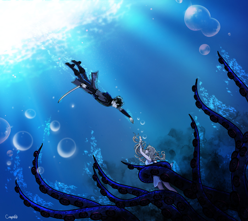 absurdres, air_bubble, arm_guards, black_hair, black_tunic, blonde_hair, bubble, catphine