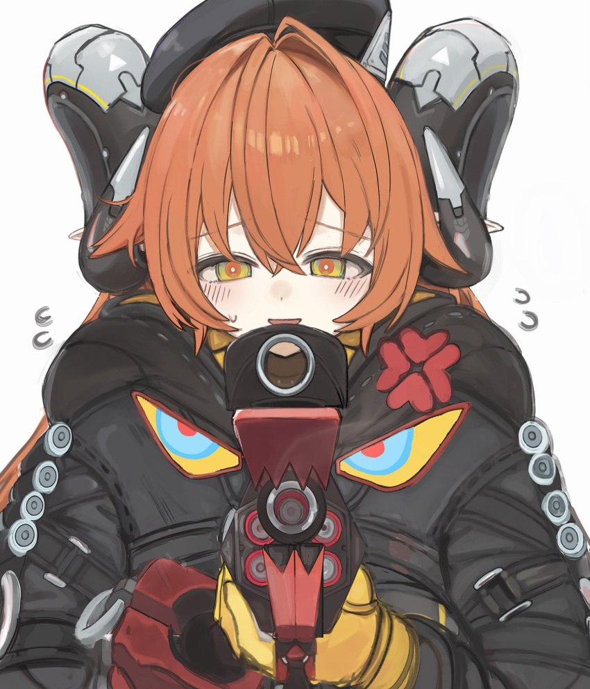 1girl, ammunition, anger_vein, black_hat, black_horns, black_jacket, blush, commentary