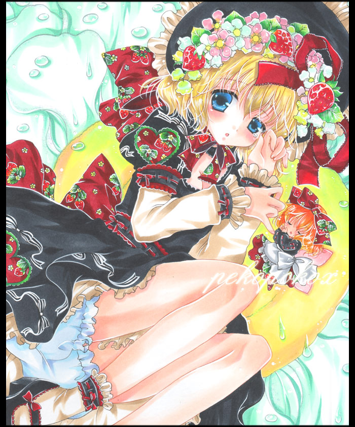 alternate_costume, blonde_hair, bloomers, blue_eyes, colored_pencil_(medium), doll, marker_(medium), matching_su-san