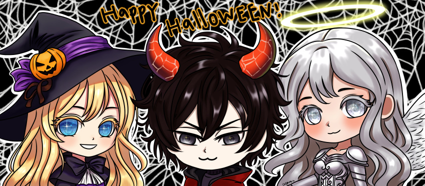 >:), 1boy, 2girls, :3, :d, absurdres, alternate_costume, angel_and_devil