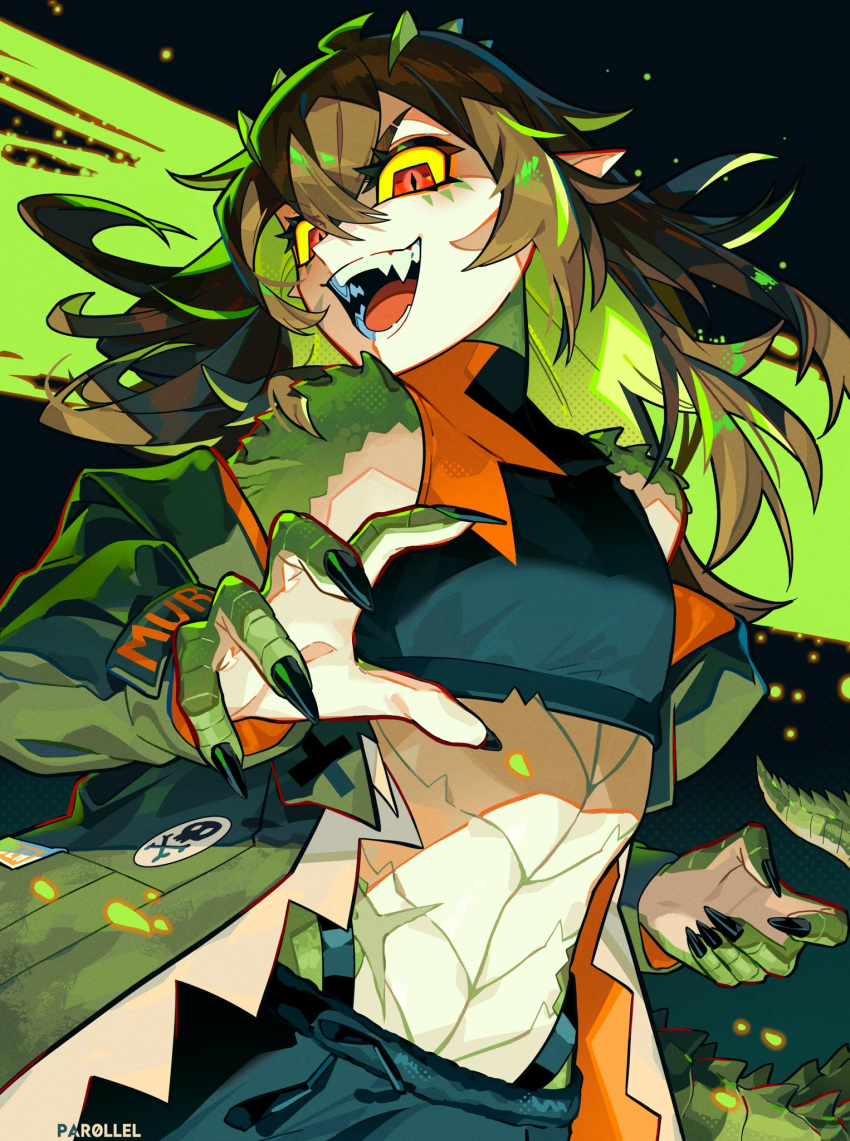 1girl, black_pants, black_shirt, brown_hair, colored_inner_hair, commentary, crocodile_girl, crocodilian_tail
