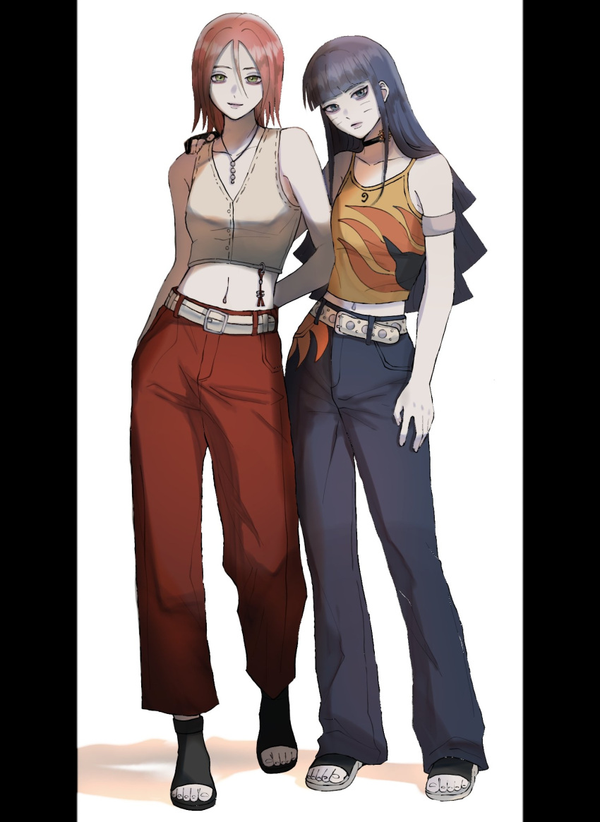 2girls, armband, black_hair, black_pants, blue_eyes, blue_pants, blunt_bangs, boruto:_two_blue_vortex, breasts, camisole, crop_top, denim, haruno_sakura, highres, ifevilwhyuhot, jeans, jewelry, long_hair, medium_hair, midriff, multiple_girls, naruto_(classic), naruto_(series), navel, necklace, official_alternate_costume, official_alternate_hairstyle, open-toe_shoes, pants, pillarboxed, pink_hair, red_pants, small_breasts, time_paradox, uzumaki_himawari, yellow_camisole