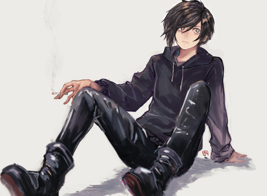 1boy, bags_under_eyes, black_boots, black_hair, black_hoodie, black_pants, boots, cigarette