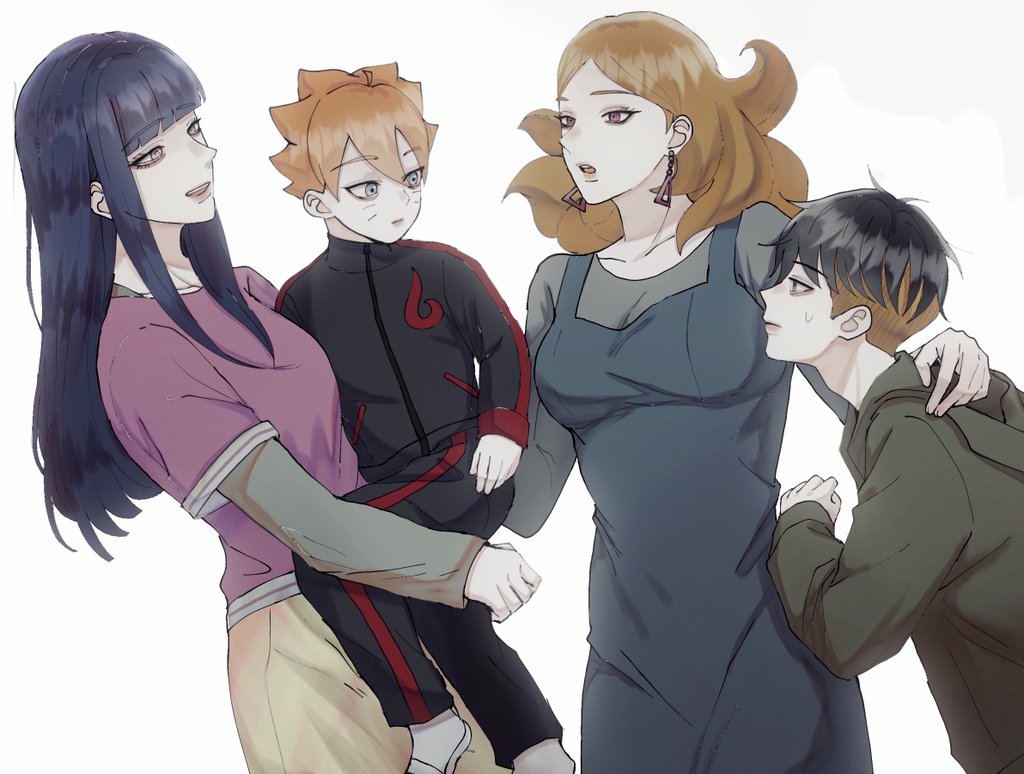 2boys, 2girls, aged_down, black_hair, blonde_hair, blue_dress, blue_eyes, blunt_bangs, boruto:_naruto_next_generations, breasts, child, commentary, delta_(boruto), dress, english_commentary, green_hoodie, hood, hoodie, hyuuga_hinata, ifevilwhyuhot, kawaki_(boruto), medium_breasts, mother_and_son, multiple_boys, multiple_girls, naruto_(series), pink_eyes, sidelocks, sweatdrop, time_paradox, uzumaki_boruto, violet_eyes