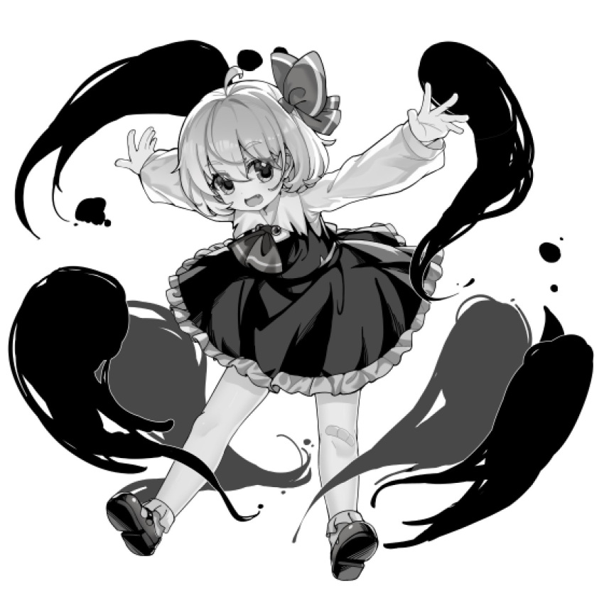 1girl, ahoge, arms_up, ascot, bandaid, bandaid_on_knee, bandaid_on_leg, collared_shirt
