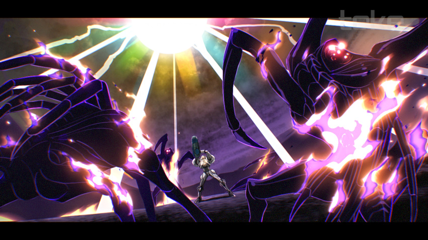 1girl, 3others, aiming_up, alien, arm_cannon, armor, burning, commentary