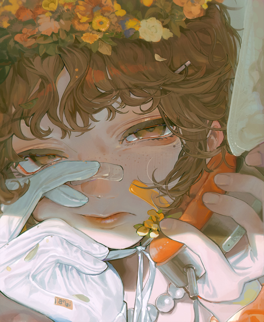 1girl, 87yanagi, bandaid, bandaid_on_face, bandaid_on_nose, commentary, flower, freckles