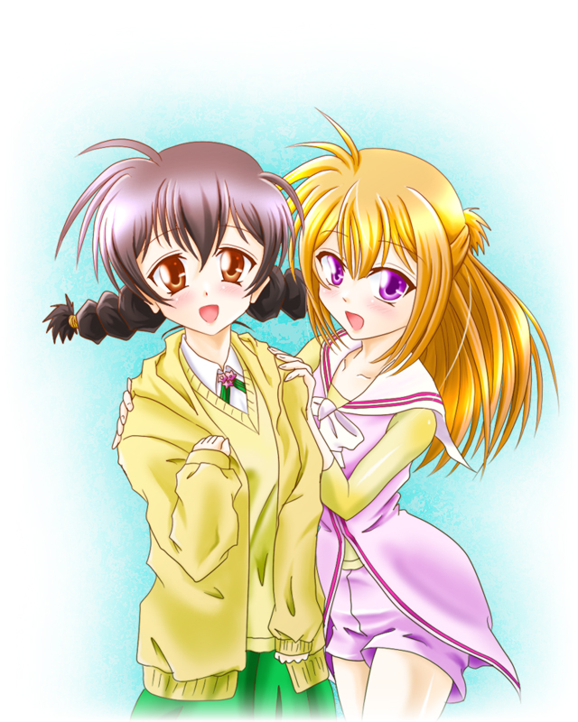 2girls, braid, brown_eyes, brown_hair, commentary_request, gigantic_drive, hood, hoodie