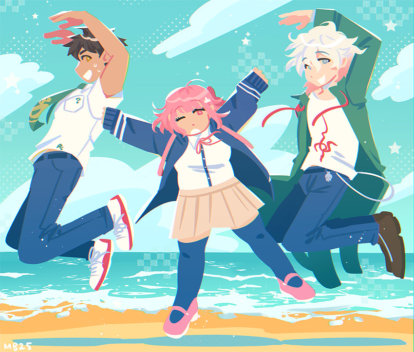 1girl, 2boys, ahoge, arm_up, arms_up, beach, blue_jacket, blue_pants