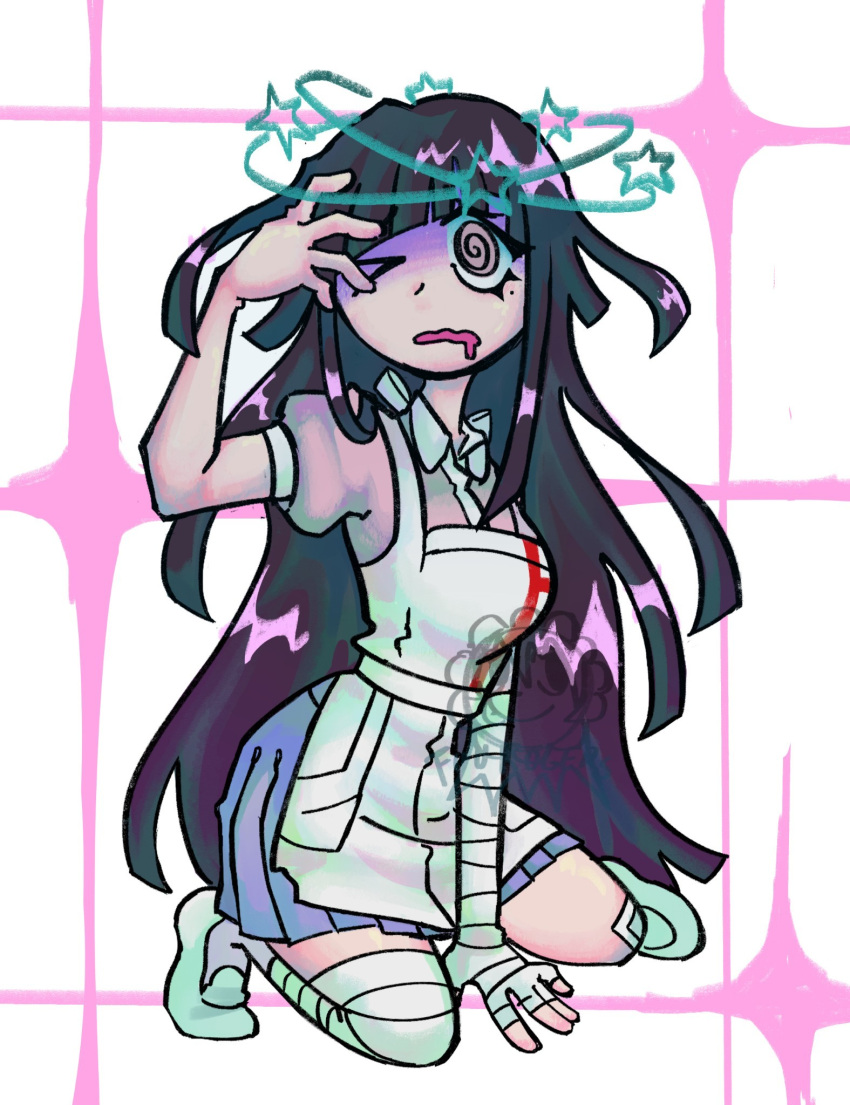 >_@, 1girl, apron, bandage_on_leg, bandaged_arm, bandaged_hand, bandaged_leg, bandages