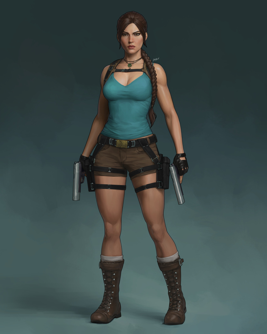absurdres, aqua_tank_top, blue_tank_top, boots, braid, braided_ponytail, brown_eyes, brown_hair
