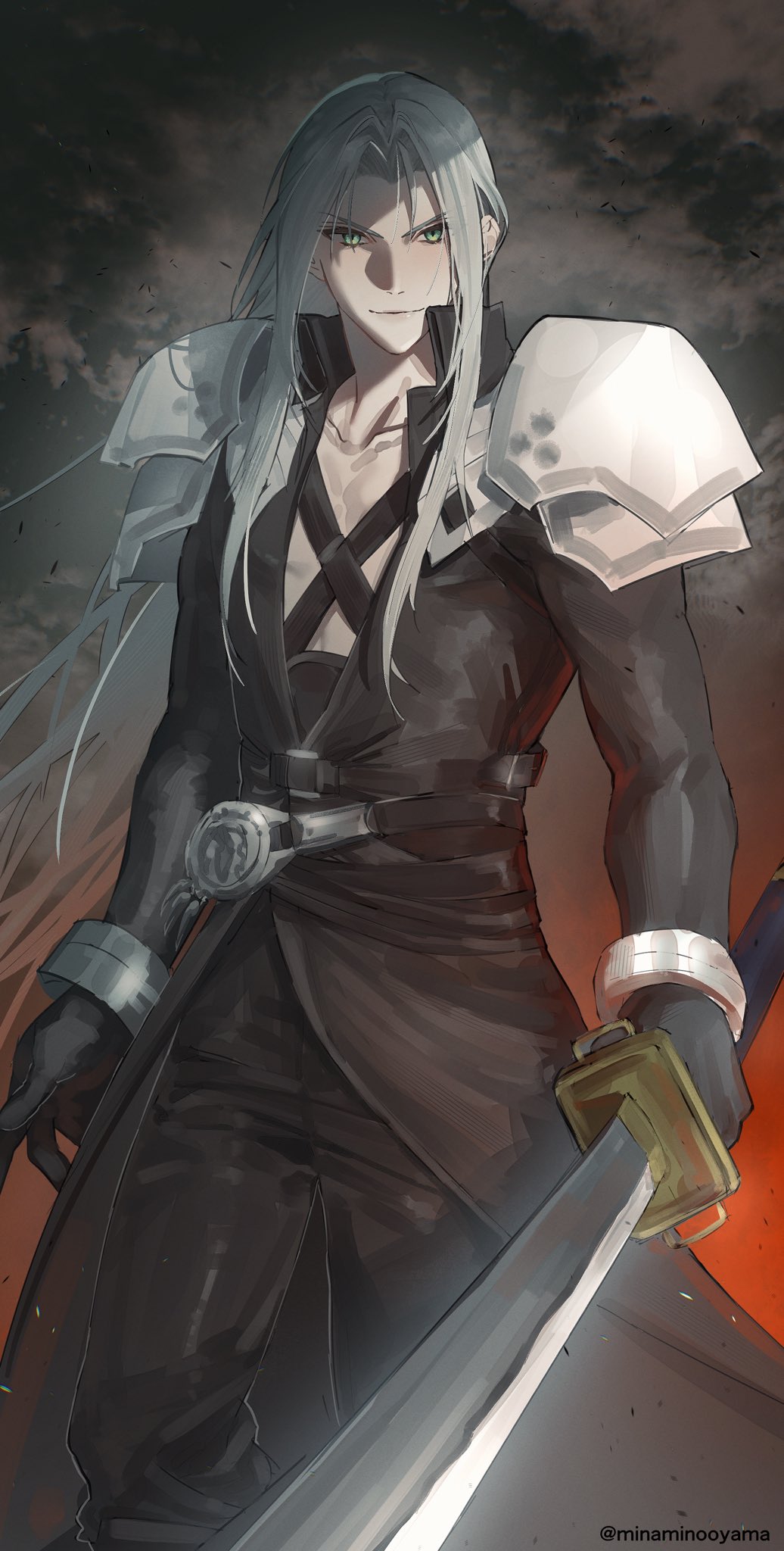 1boy, armor, bangle, belt_buckle, black_coat, black_gloves, black_pants, bracelet