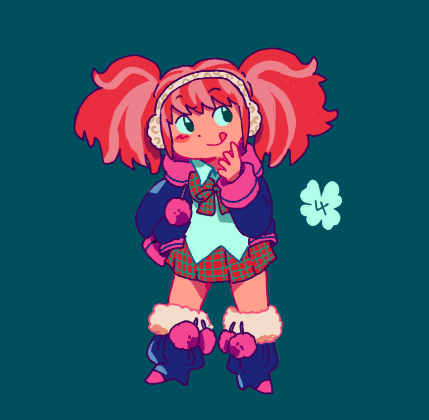 1girl, :q, aqua_background, ayellowapple, big_hair, blue_boots, blue_jacket, blush_stickers