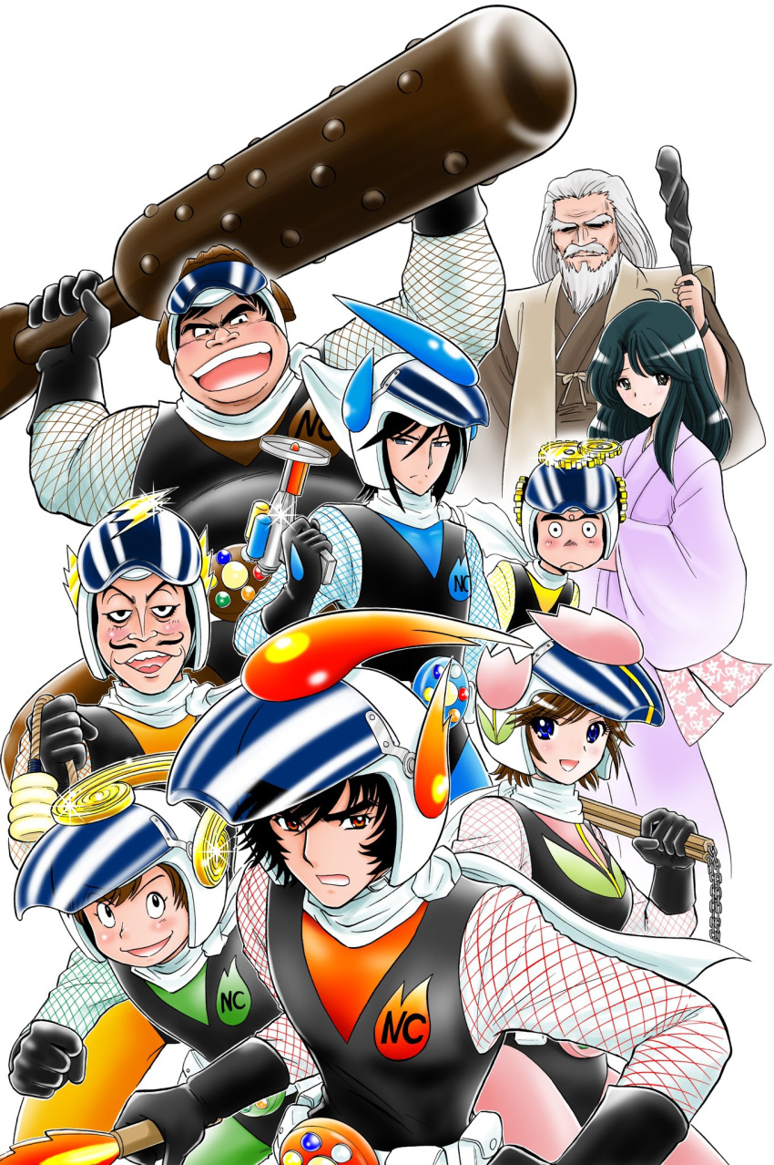 2girls, 6+boys, arms_up, bandana, beard, belt, belt_pouch, black_bodysuit, black_eyes, black_gloves, black_hair, blue_eyes, bodysuit, brown_eyes, brown_hair, brown_kimono, closed_mouth, club_(weapon), commentary_request, energy_gun, facial_hair, fishnet_sleeves, fishnets, fukuro_saburoubee, gears, gloves, grey_hair, gun, hair_between_eyes, hana_nin_captor_3, hand_up, helmet, highres, holding, holding_club, holding_gun, holding_nunchaku, holding_staff, holding_weapon, izumi_keita, izumo_daisuke, japanese_clothes, ka_nin_captor_7, kane_nin_captor_5, kataginu, kaze_nin_captor_6, kimono, kurokawa_dan, long_hair, looking_at_viewer, mizu_nin_captor_2, motorcycle_helmet, multiple_boys, multiple_girls, mustache, ninja_captor, nunchaku, okano_takeshi, old, old_man, ooyama_noboru, open_mouth, orange_eyes, pink_kimono, pouch, rai_nin_captor_1, sakurakouji_maria, shijou_sakon, short_hair, simple_background, smile, staff, teeth, tendou_miki, tendou_mujin, tokusatsu, tsuchi_nin_captor_4, upper_teeth_only, weapon, white_background, white_bandana, white_belt, white_hair