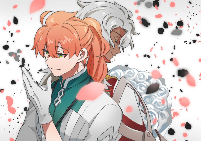 2boys, ahoge, back-to-back, bouquet, cape, chaldea_logo, closed_eyes, closed_mouth