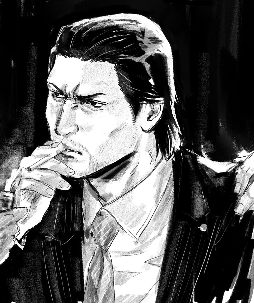 1boy, beard, dojima_daigo, facial_hair, formal_clothes, hair_slicked_back, highres, lighter, lighting_cigarette, male_focus, monochrome, mullet, necktie, out_of_frame, ryuu_ga_gotoku_(series), ryuu_ga_gotoku_3, serious, smoking, solo, solo_focus, suit, tyag53