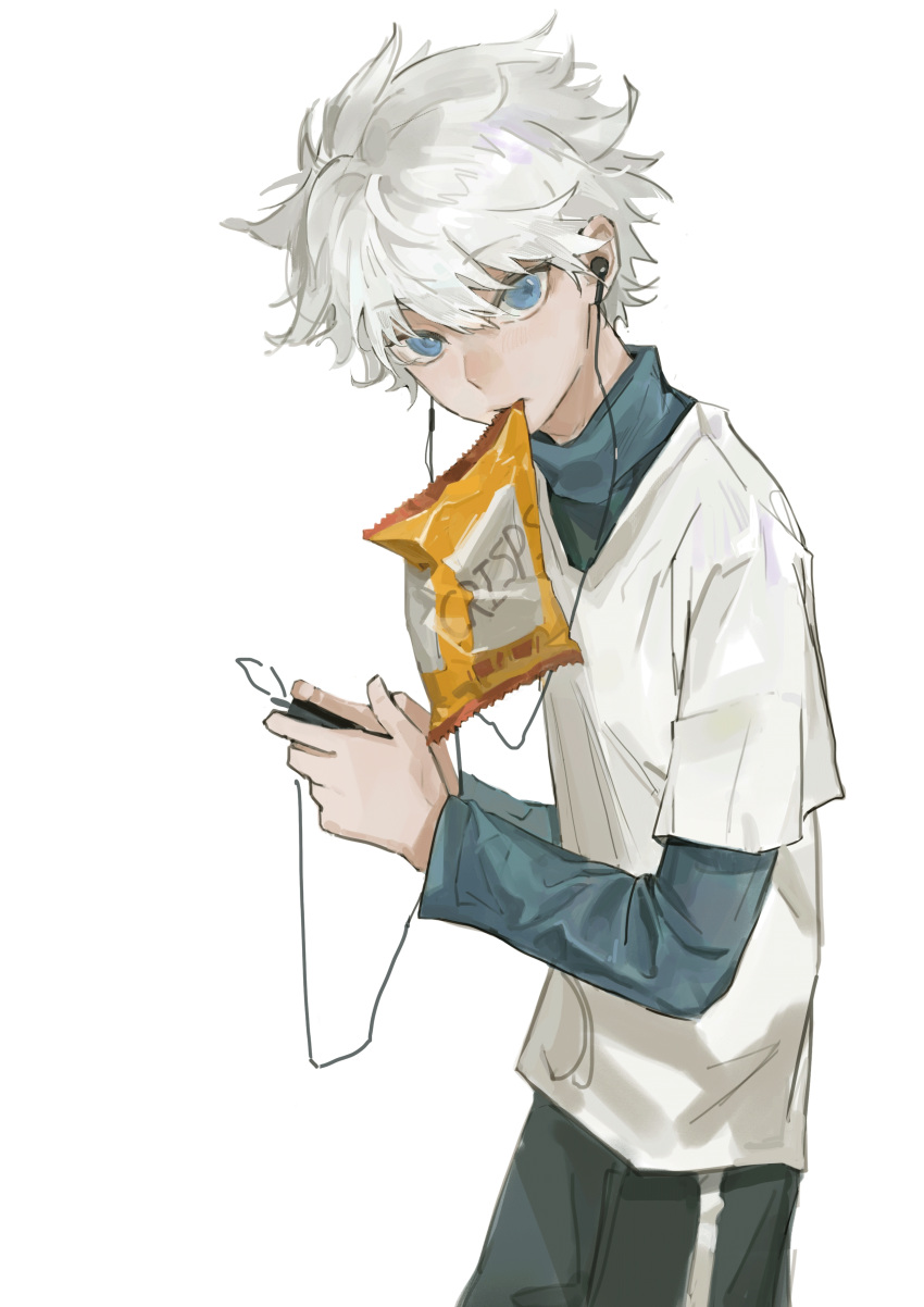 1boy, absurdres, black_pants, blue_eyes, blue_shirt, chinese_commentary, chips_(food), commentary_request