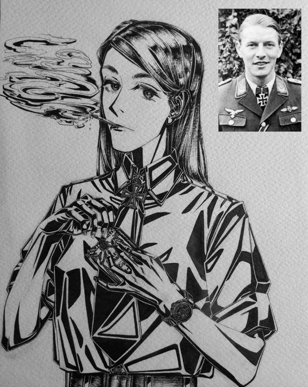 1girl, 1other, belt, bordfunker133, cigarette, cross, earrings, expressionless, greyner_(bordfunker133), greyscale, iron_cross, jewelry, leather_belt, long_hair, looking_at_viewer, military_uniform, monochrome, nazi, original, photo_(medium), real_life, shirt, short_sleeves, smoke, solo, upper_body, watch, watch