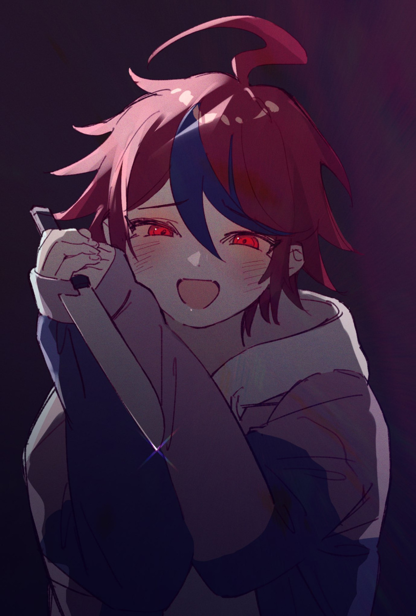 1boy, ahoge, blue_hair, blue_jacket, blush, commentary_request, film_grain, glint
