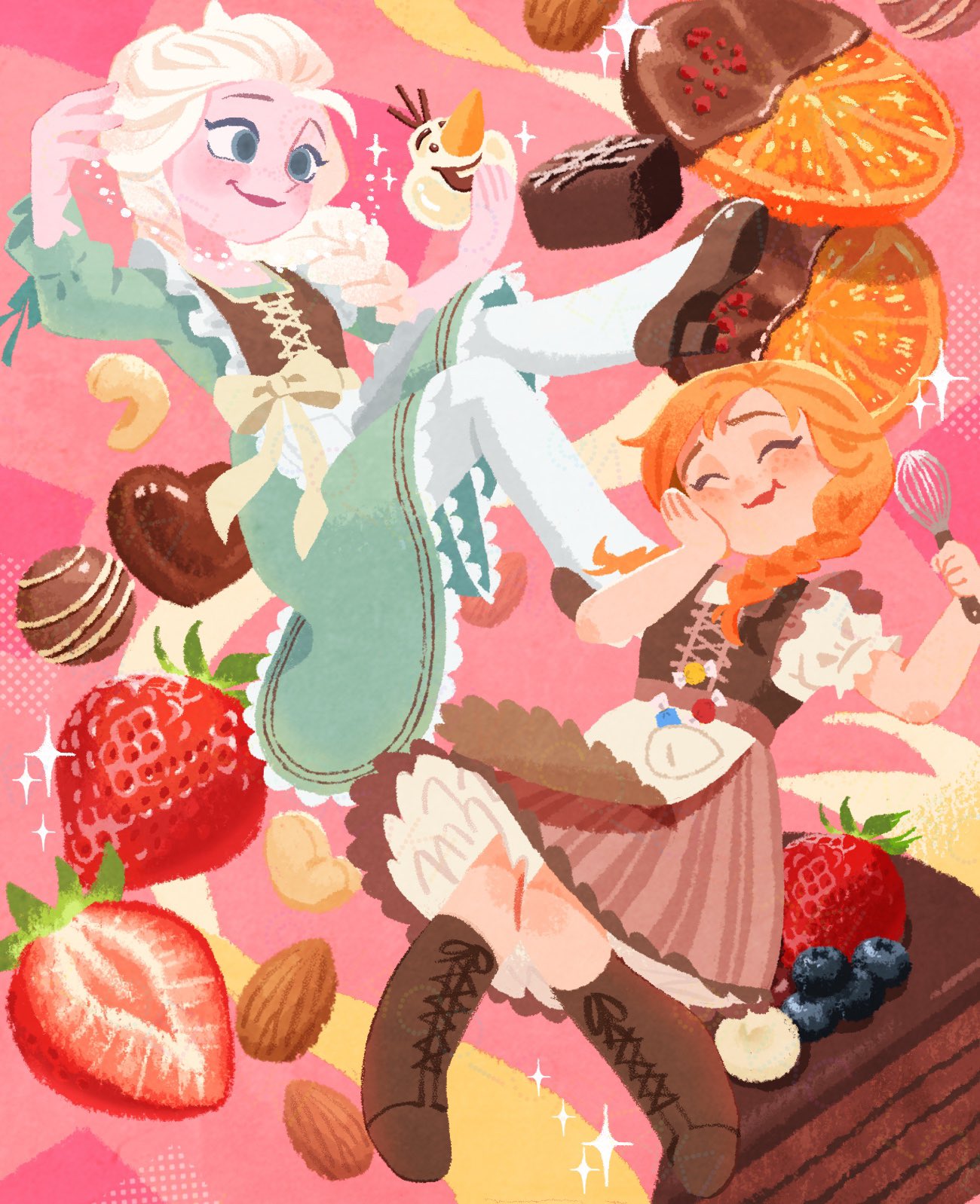 2girls, almond, anna_(frozen), apron, blonde_hair, blue_eyes, blueberry, blush