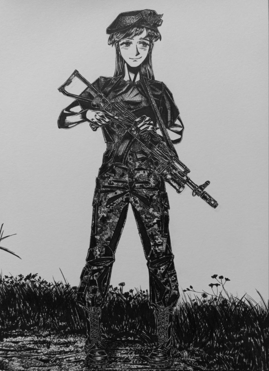 1girl, ak-74, aks-74, assault_rifle, beret, black_shirt, blush, bordfunker133