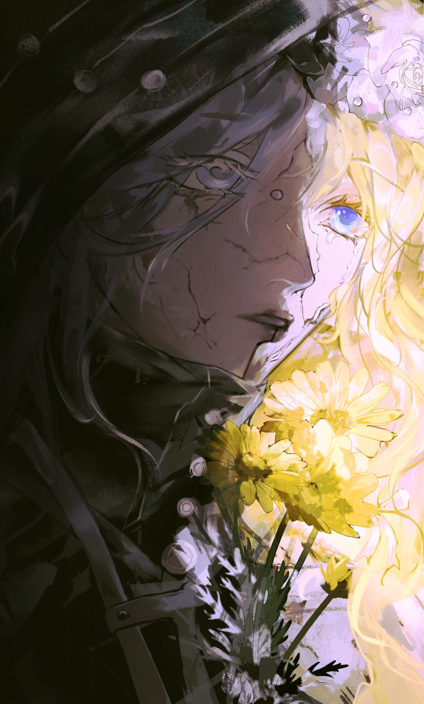 1girl, absurdres, amber_(path_to_nowhere), blonde_hair, blue_eyes, bridge_piercing, chinese_commentary, commentary