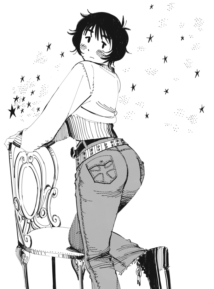 1girl, absurdres, ass, ass_focus, belt, black_hair, blush, chair