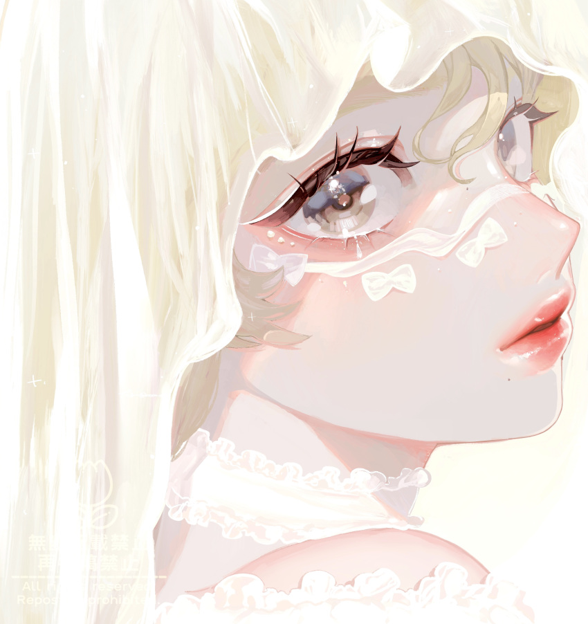 1girl, absurdres, blonde_hair, close-up, commentary_request, cropped_shoulders, from_side, highres, looking_at_viewer, looking_to_the_side, moon_oo8, original, solo, veil, white_background, white_veil, yellow_eyes