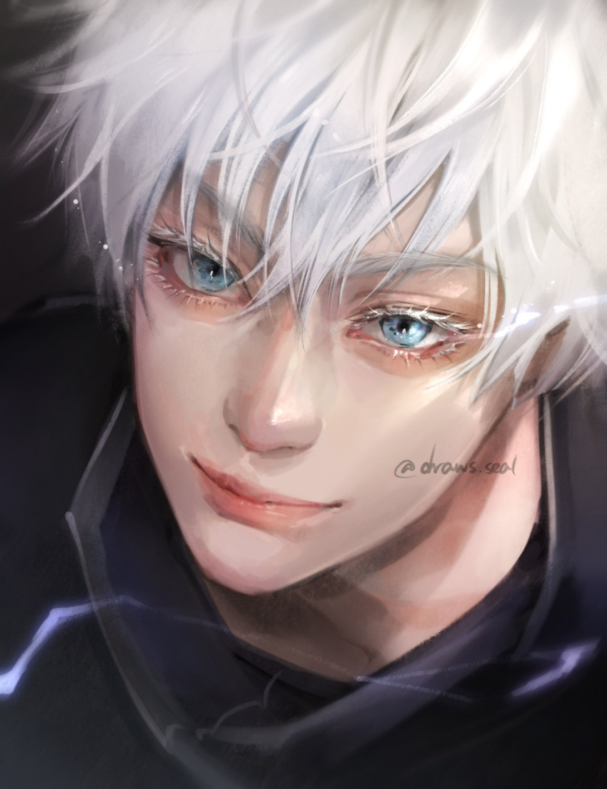 1boy, aegyo_sal, black_shirt, blue_eyes, drawsseal, gojou_satoru, hashtag-only_commentary, high_collar