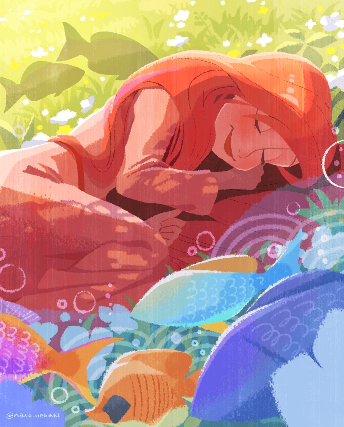 1girl, air_bubble, ariel_(disney), bubble, closed_eyes, commentary_request, dreaming, dress
