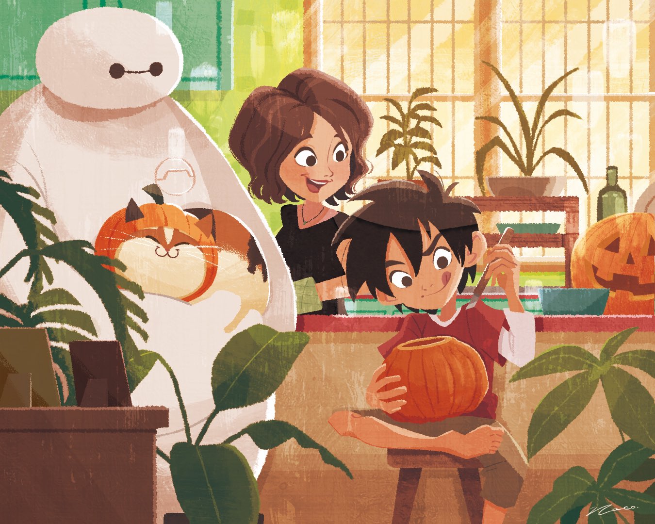 1boy, 1girl, 1other, animal, aunt_and_nephew, barefoot, baymax, big_hero_6