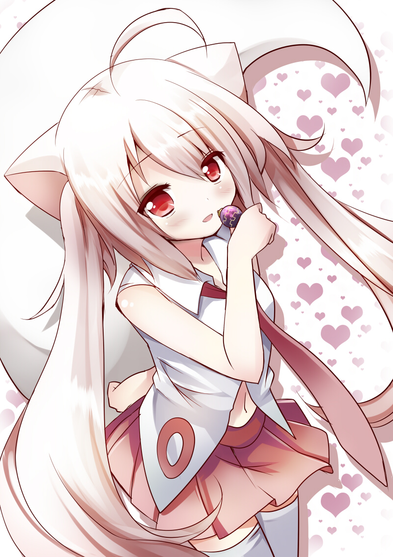 1girl, animal_ears, bad_id, bare_shoulders, eating, genderswap, gradient_hair, grief_seed, heart, kyubey, mahou_shoujo_madoka_magica, miniskirt, mishima_kurone, multicolored_hair, navel, necktie, personification, pink_hair, pleated_skirt, red_eyes, skirt, solo, tail, thighhighs, twintails, very_long_hair, white_hair, white_legwear, zettai_ryouiki