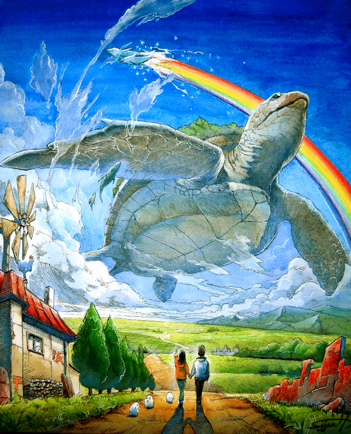 building, cloud, clouds, dolphin, hand_holding, holding_hands, original, rainbow