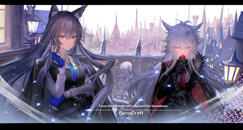 2girls, animal_ear_fluff, animal_ears, arknights, between_fingers, black_hair, black_jacket, black_vest
