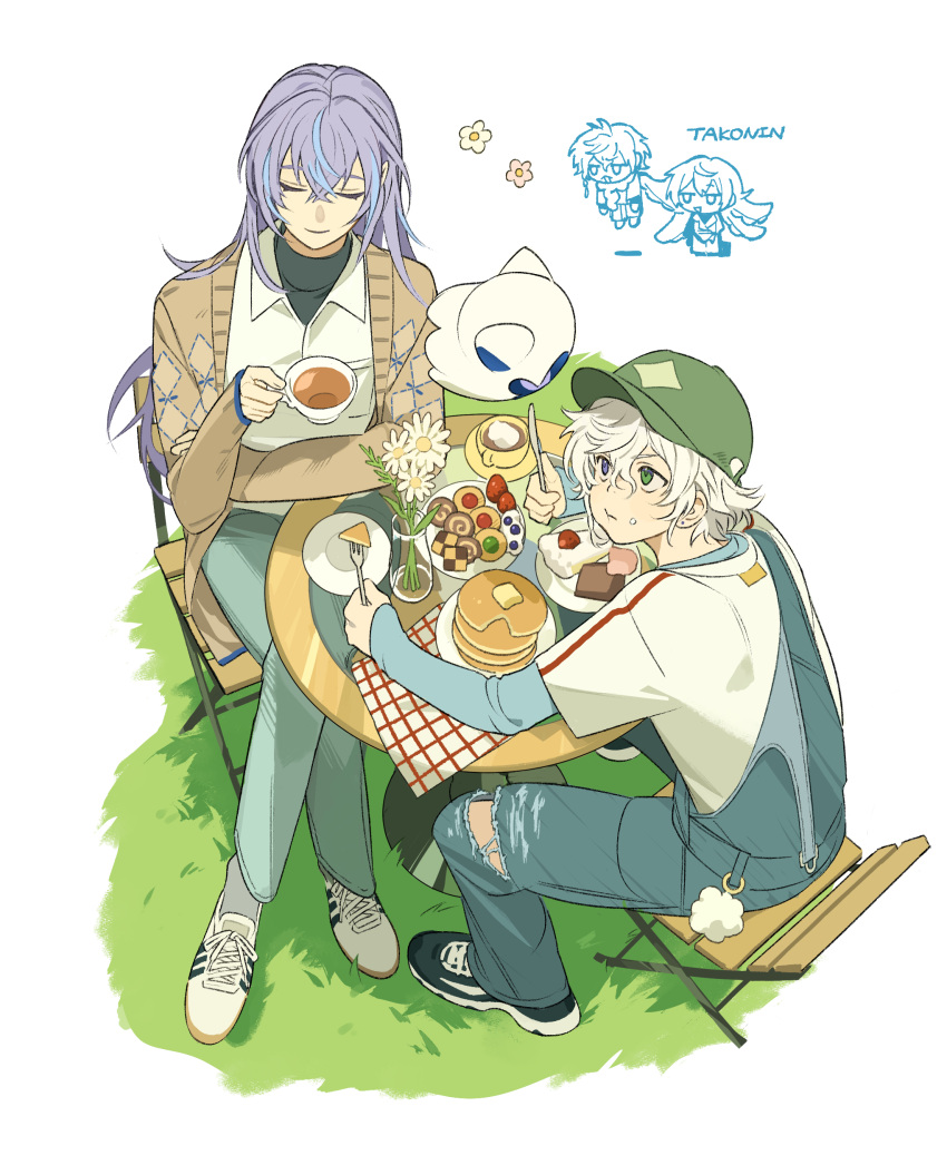 2boys, :t, absurdres, alternate_costume, baseball_cap, black_shoes, blue_hair, breast_pocket