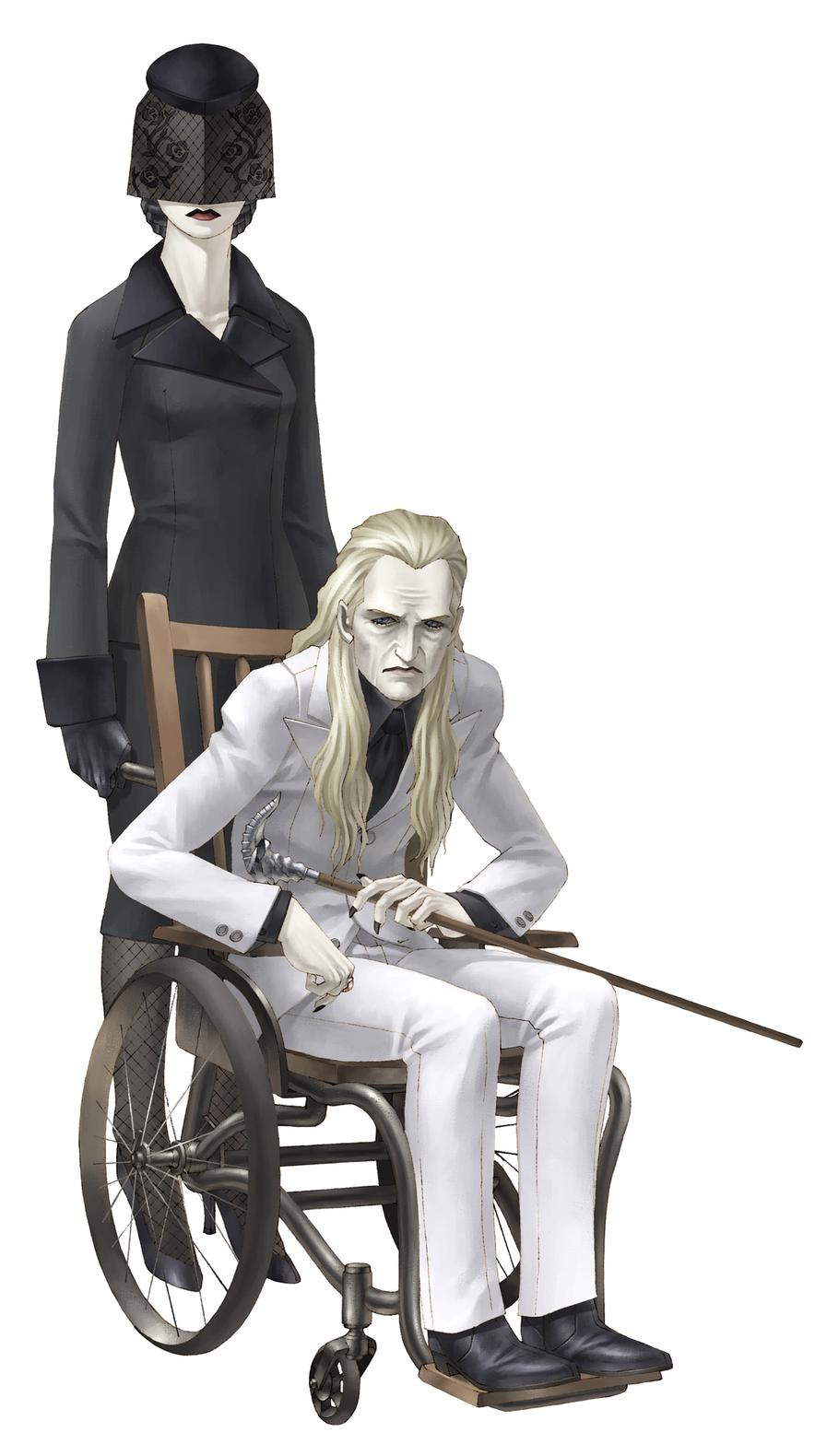 1boy, 1girl, blonde_hair, cane, dress, fingernails, formal_clothes, funeral_dress
