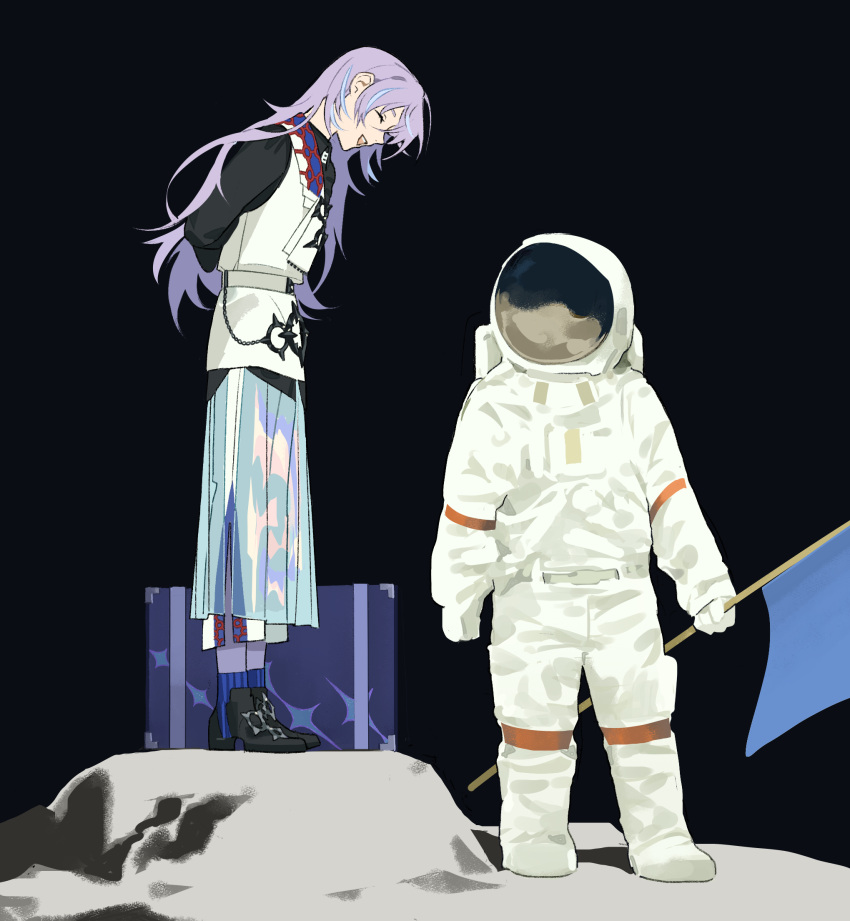 1boy, 1other, arms_behind_back, astronaut, black_background, black_shirt, black_shoes, blue_hair