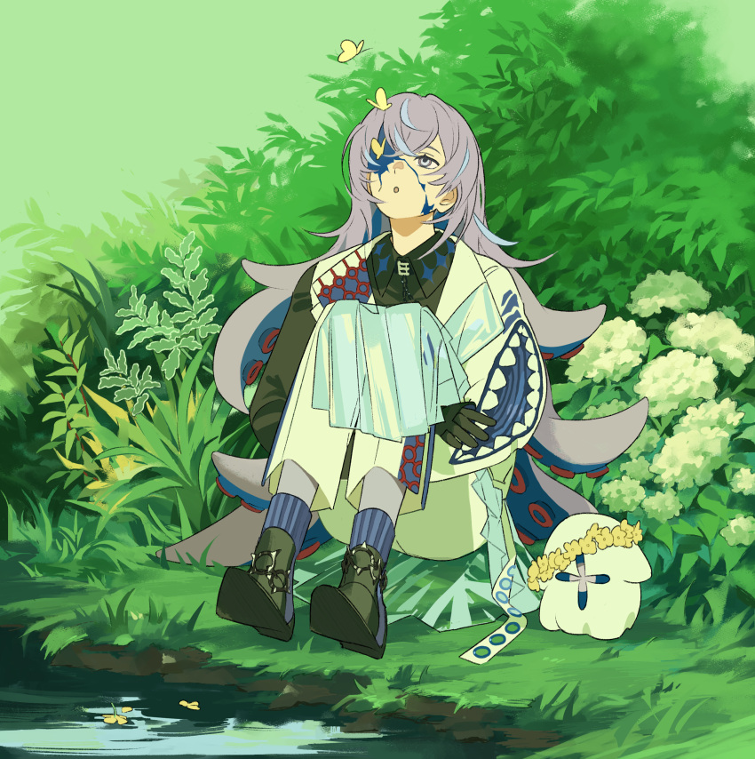 1boy, :o, black_gloves, black_shirt, black_shoes, blue_hair, blue_socks, bush