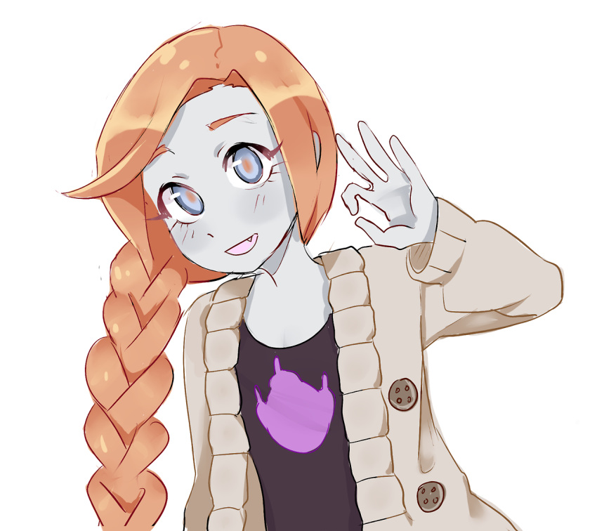 1girl, alternate_costume, black_shirt, blue_eyes, blue_skin, blush, braid, brown_jacket