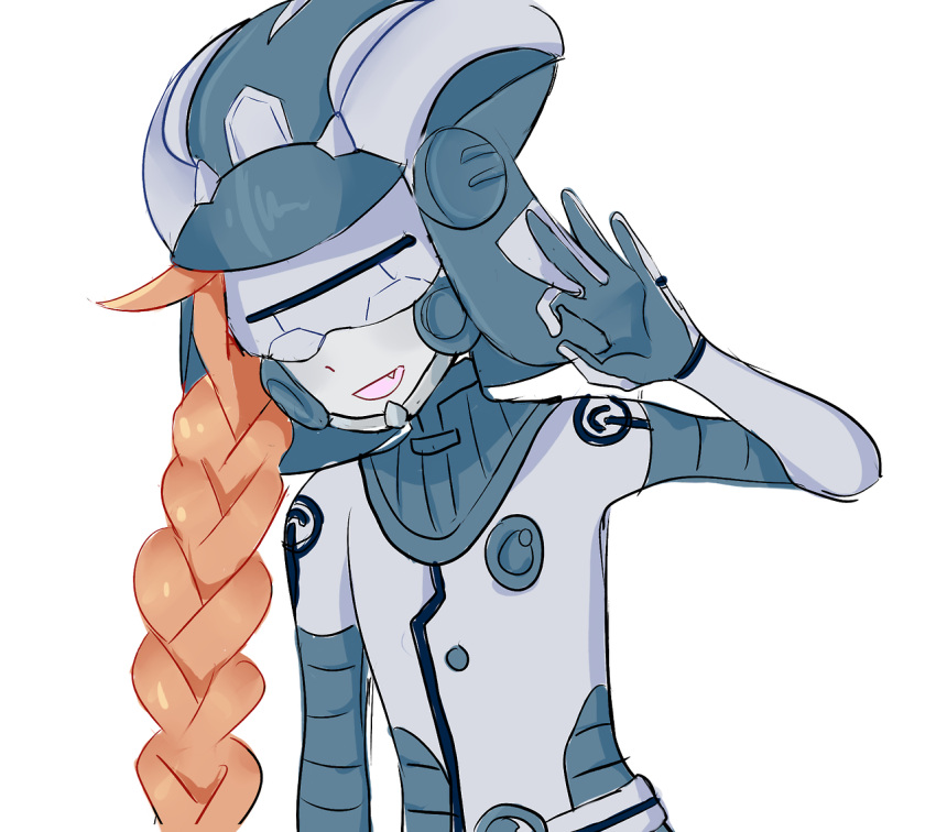 1girl, blue_skin, braid, colored_skin, commentary, english_commentary, fang, helmet