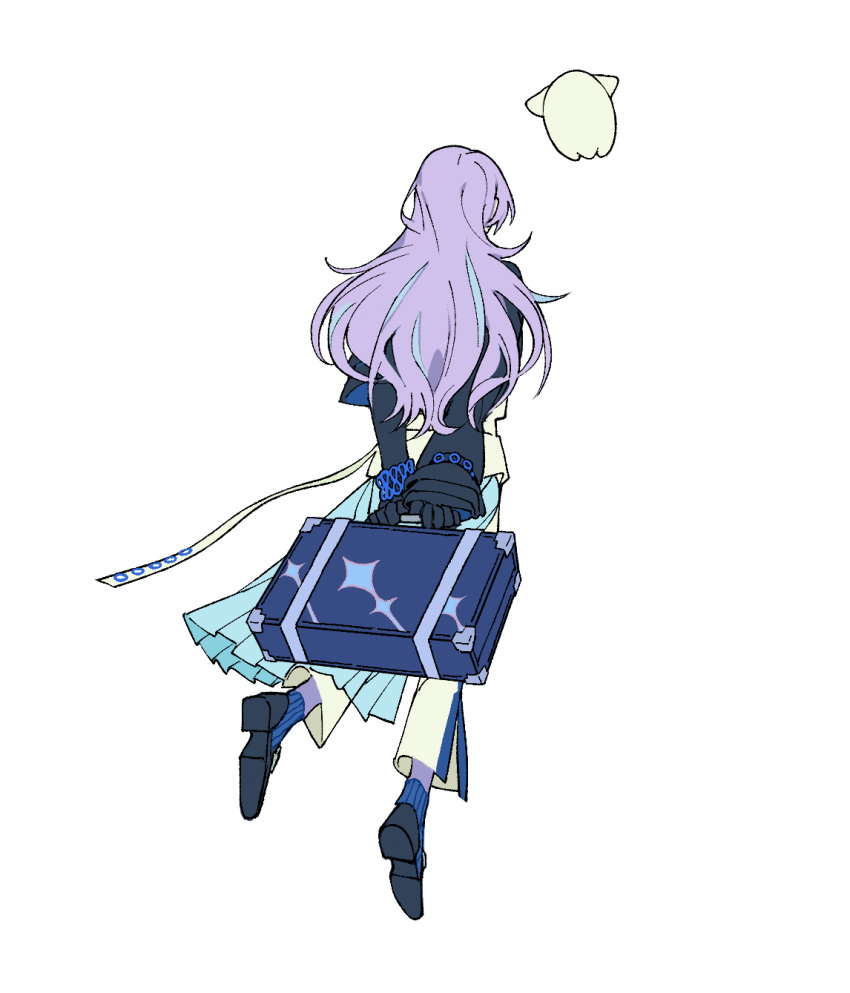 1boy, arms_behind_back, black_gloves, black_shirt, black_shoes, blue_hair, blue_skirt, blue_socks