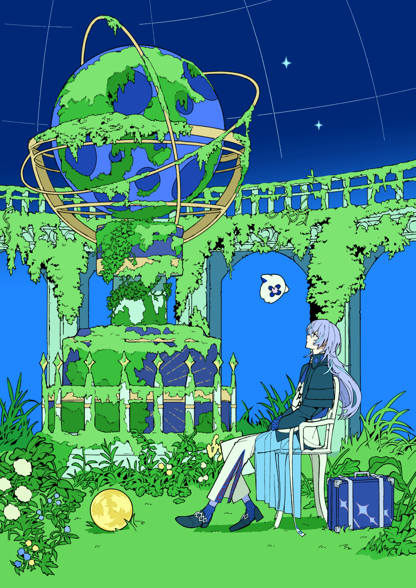 1boy, absurdres, armillary_sphere, black_shirt, black_shoes, blue_flower, blue_hair, blue_skirt