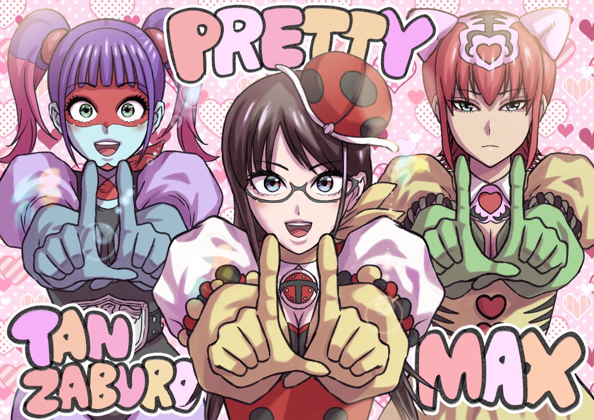 3girls, animal_ears, aoki_masahiko, blue_eyes, blue_skin, breasts, brown_hair, cat_ears, colored_skin, commentary_request, dress, gloves, green_eyes, hat, large_breasts, long_hair, looking_at_viewer, makeup, multicolored_hair, multiple_girls, official_art, okada_yuriko, orange_hair, pink_hair, purple_hair, ribbon, scarf, short_hair, toujima_tanzaburou_wa_kamen_rider_ni_naritai, twintails, upper_body, yellow_gloves, yellow_scarf, yukarisu