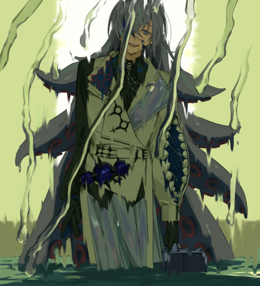 1boy, black_gloves, black_shirt, collared_shirt, commentary, cooking, cowboy_shot, cracked_skin, extra_mouth, fourth_wall, gloves, highres, holding, holding_suitcase, hoshirube_sho, iridescent_clothes, jacket, long_hair, long_sleeves, male_focus, moku_(kedr2558), nijisanji, open_mouth, overskirt, pants, pool, purple_hair, shirt, smile, solo, suitcase, teeth, tentacle_hair, very_long_hair, virtual_youtuber, wading, water_drop, white_jacket, white_pants