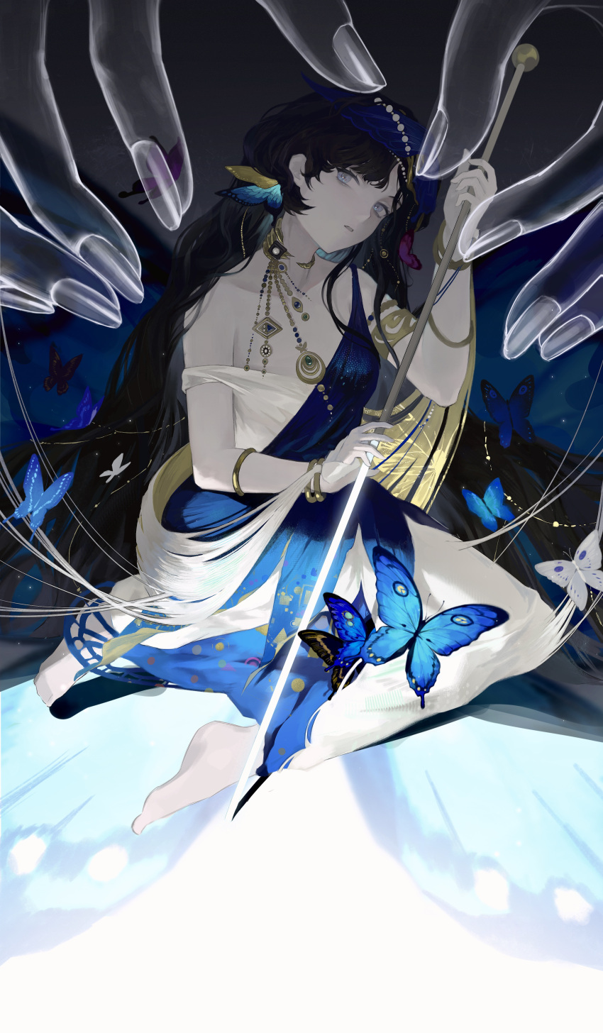 1girl, absurdres, bare_shoulders, barefoot, black_hair, blue_dress, blue_veil, commentary_request, dark_background, dress, evening_gown, full_body, highres, insect_pin, isolde_(reverse:1999), isolde_(the_last_fluttering_beat)_(reverse:1999), long_hair, official_alternate_costume, oversized_object, parted_lips, reverse:1999, shenqi_a_hao, sitting, sleeveless, sleeveless_dress, solo, two-tone_dress, veil, very_long_hair, violet_eyes, white_dress, yokozuwari