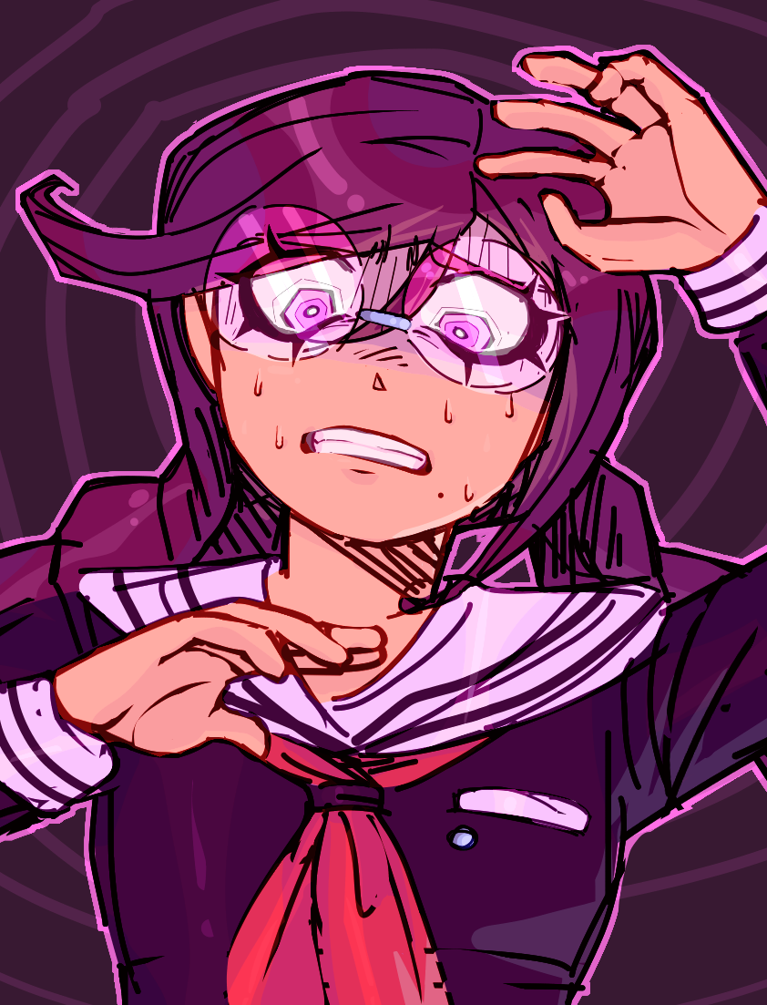 1girl, arm_up, breast_pocket, collared_shirt, commentary, danganronpa:_trigger_happy_havoc, danganronpa_(series), english_commentary, eyelashes, fukawa_toko, glasses, hair_between_eyes, long_sleeves, monavat, neckerchief, nervous_sweating, outline, pocket, purple_background, purple_hair, purple_outline, purple_shirt, red_neckerchief, round_eyewear, sailor_collar, scared, shirt, solo, sweat, third-party_source, violet_eyes, white_sailor_collar